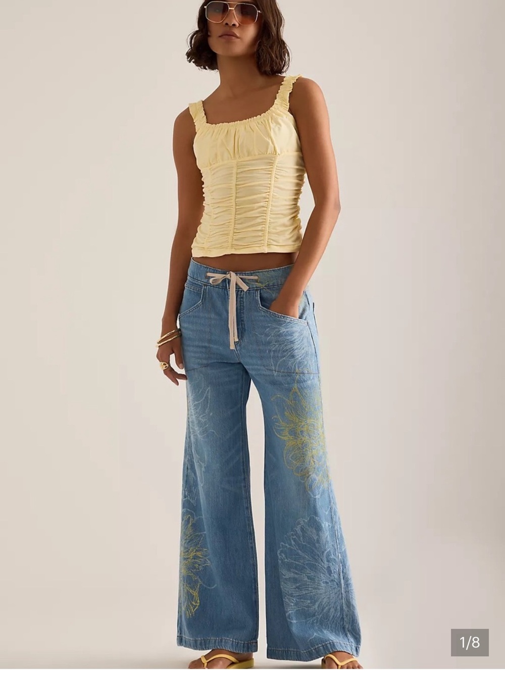 Pilcro Wide-Leg Jeans in Light Blue with Yellow Floral Accents - Picture 1 of 6